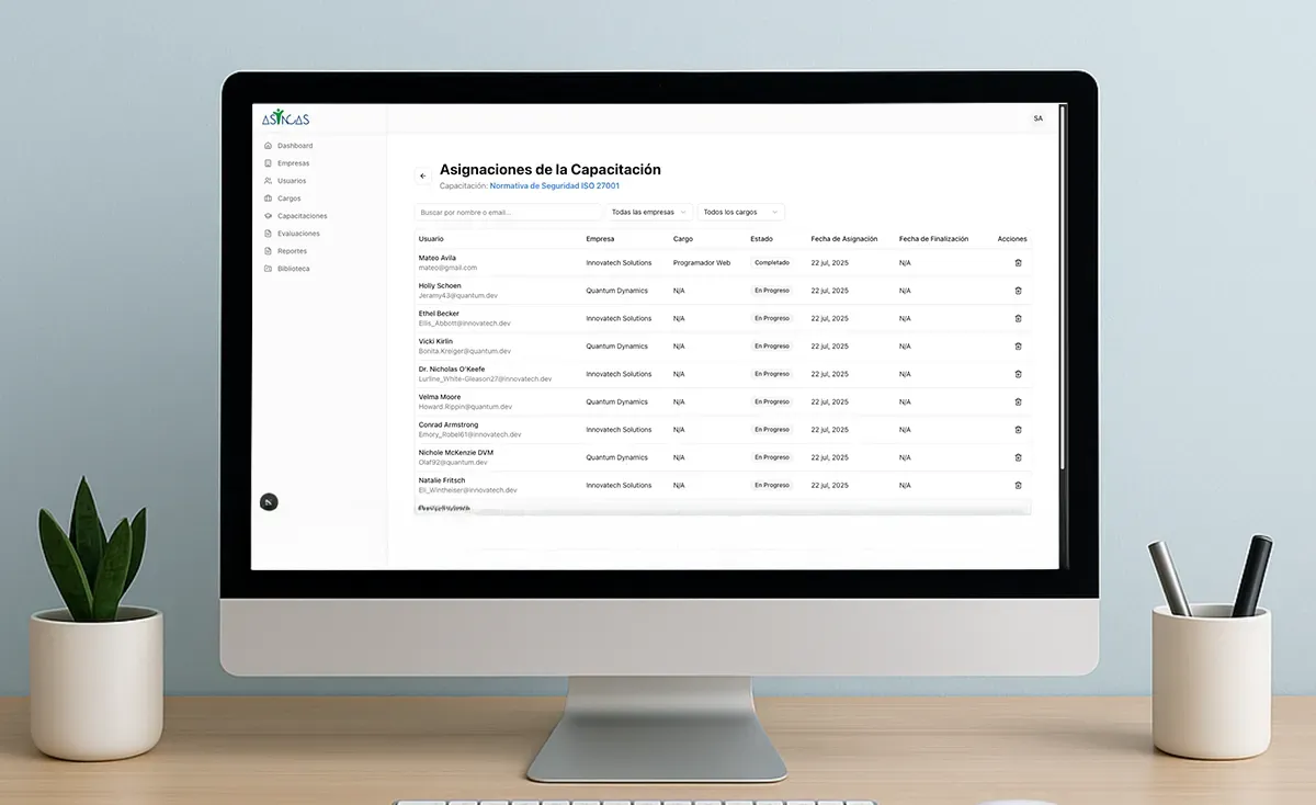 Vista del superadmin al gestionar una capacitación